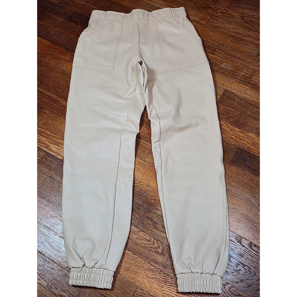 Moon Ryder Cream Faux Leather Joggers High Waisted Elastic Cuff Pants Small
